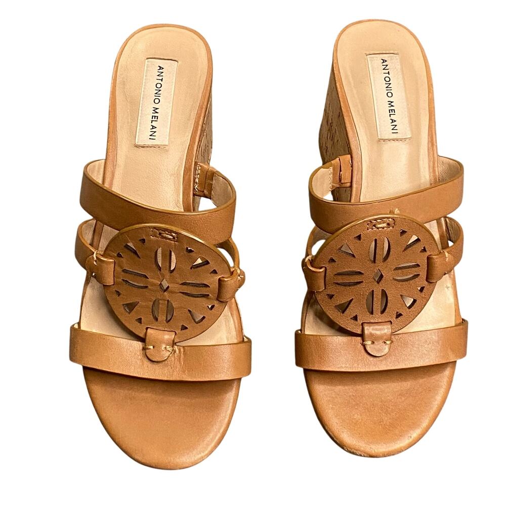 Antonio Melani Sandals Women Sz 7.5 Tan Leather Cork Platform Wedge